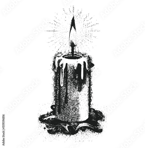 Candle collage element with vintage stipple photocopy effect, retro grainy texture, vector illustration for grunge psychedelic surreal poster, tattoo design, 90s aesthetic, vaporwave art style.