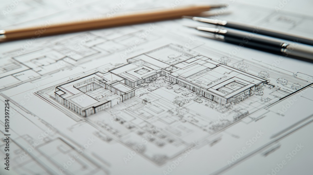 Architectural blueprints with pencils, showcasing building plans. Architectural blueprints with pencils, showcasing building plans.