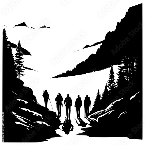  Scenic valley with hikers silhouette