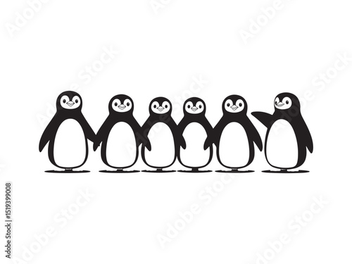 Adorable black and white penguin family standing together in a row holding hands