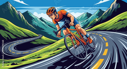 Cyclist Riding Downhill on Curvy Mountain Road – Vector Illustration for Cycling Enthusiasts