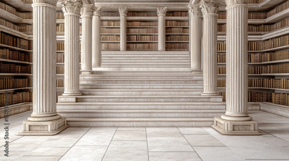Fototapeta premium A grand, classical library interior with towering marble columns, extensive bookshelves filled with aged tomes, and a central staircase leading to an elevated platform