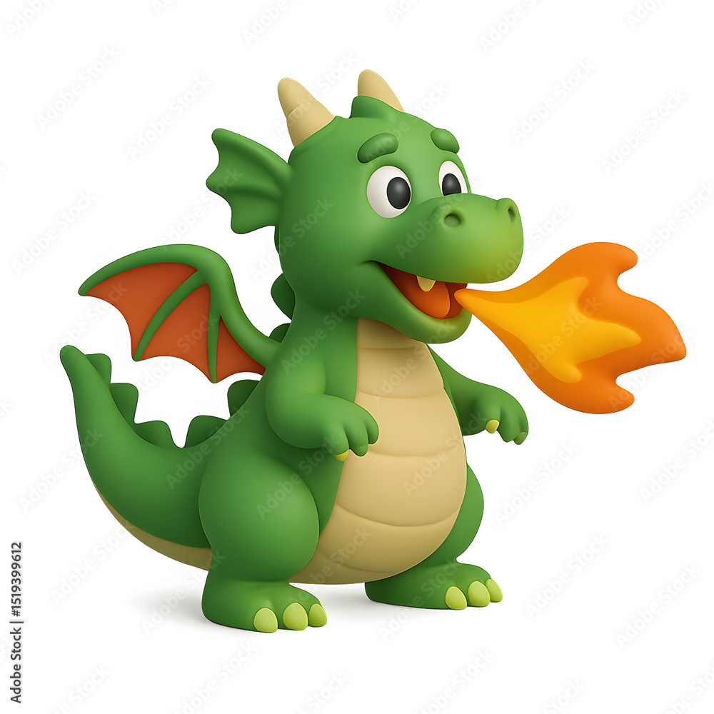 Fototapeta premium Cartoon Green Dragon Spitting Fire Digital Art Illustration Transparent Background