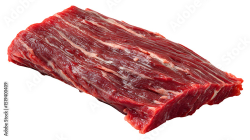 Raw flank steak, long strip, juicy fibers, 4K