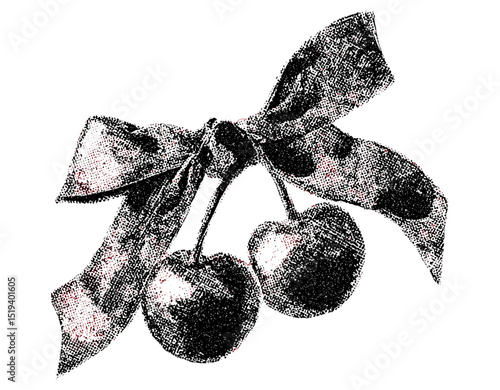 Vector illustration of cherry and bow ribbon with halftone stipple, grunge punk collage, grainy photocopy texture, experimental retro banner, alternative art style, urban graphic design.