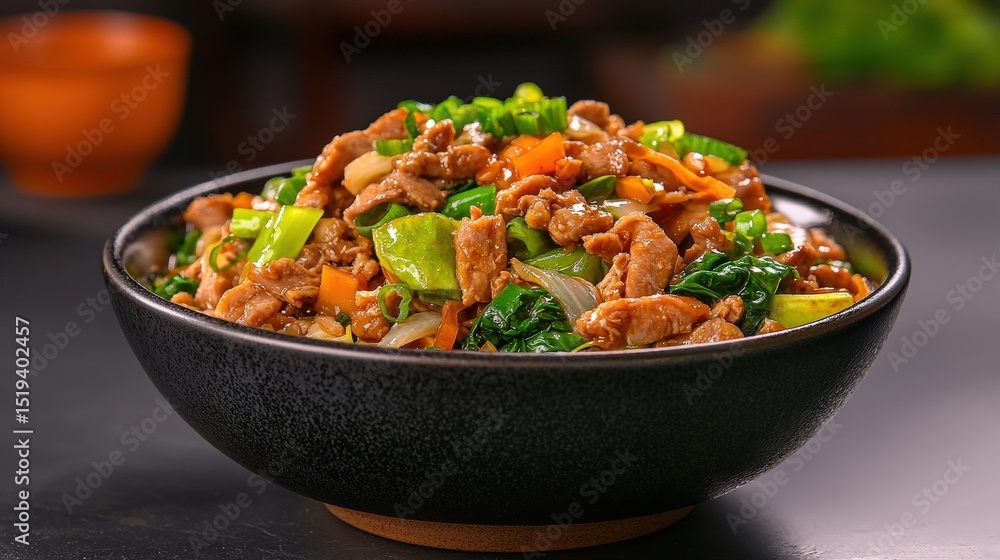 Moo shu pork Delicious pork stir-fry in a bowl with vegetables. Moo shu pork Delicious pork stir-fry in a bowl with vegetables.