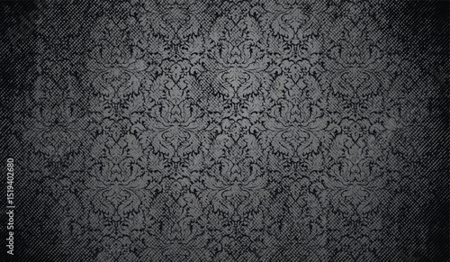 Vector dark damask pattern with vintage grunge texture and halftone graphic hatching shading. Dark ornamental  gothic, baroque, and antique-style background.