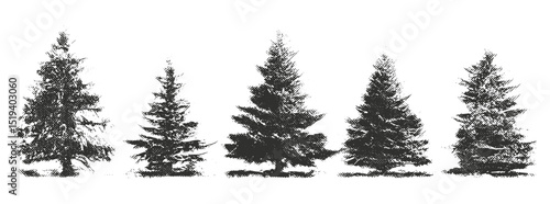 Christmas trees with retro stipple effect, vintage photocopy texture, grainy noisy gritty design, grunge punk banner, poster, template, social media, vector illustration, holiday decor.