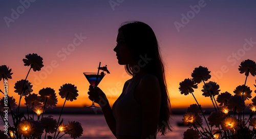 Woman with drink at beach sunset