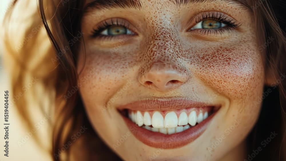 Close-up portrait of a beautiful smiling young woman with freckles, green eyes, and perfect teeth showcasing beauty and positive emotion. Close-up portrait of a beautiful smiling young woman with freckles, green eyes, and perfect teeth showcasing beauty and positive emotion.