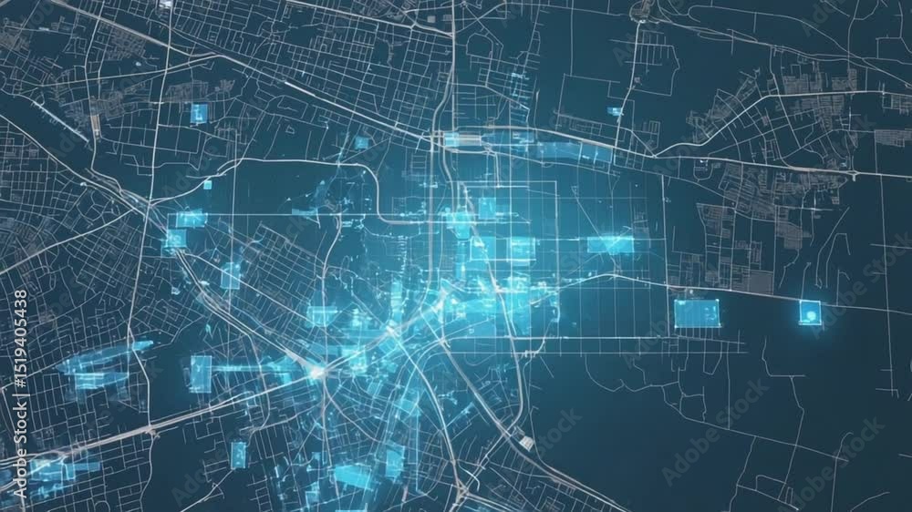 A futuristic city map interface evolves user revisits locations glowing markers data memories, past visits, emotional time-lapse overlays. neural network flows points of interest synapses firing brain