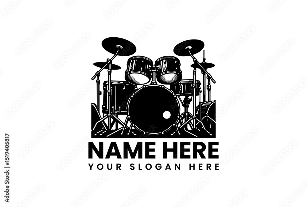 Complete professional drum kit vector logo with bass drum, toms and cymbals in percussive arrangement Complete professional drum kit vector logo with bass drum, toms and cymbals in percussive arrangement