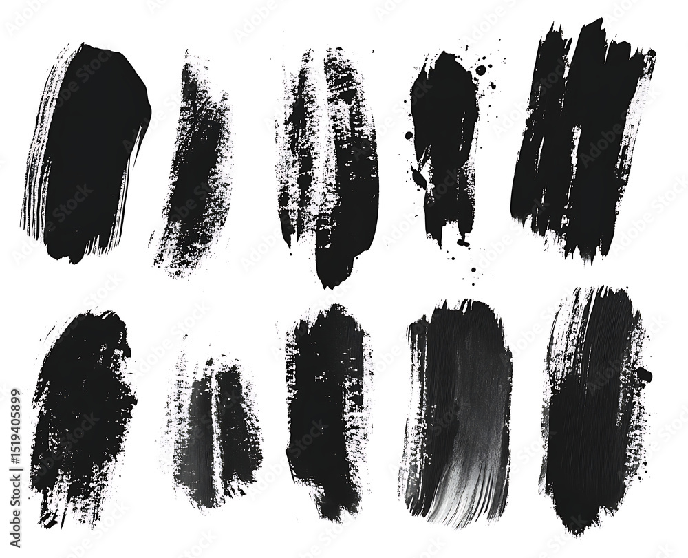 Black ink brush strokes and paint smears, a vector set of hand-drawn grunge shapes for design elements isolated on a white background. A collection of hand-painted textures, in close-up view. Black ink brush strokes and paint smears, a vector set of hand-drawn grunge shapes for design elements isolated on a white background. A collection of hand-painted textures, in close-up view.