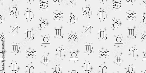 Seamless pattern with astrology zodiac constellations and stars. Vector elegant background. Surface cover design. Fabric textile print.