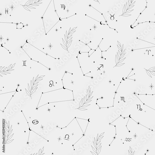 Magic celestial seamless pattern with astrology zodiac constellations, crescent, stars and floral branch. Vector boho elegant background. Surface cover design. Fabric textile print.