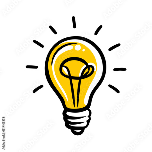 Bright yellow light bulb with rays shining, symbolizing ideas and creativity in a minimalist style