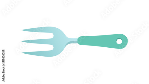 Garden fork with a turquoise handle resting on a white background for gardening enthusiasts and outdoor activities