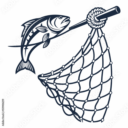Artwork Illustration Freshly Caught Fish Fishing Net Vintage Design Nautical Theme