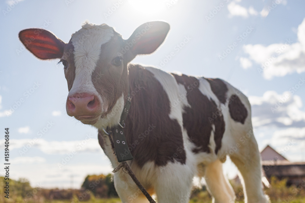A playful calf stands in a sunlit pasture, curious and alert, surrounded by green grass and a blue sky scattered with fluffy clouds A playful calf stands in a sunlit pasture, curious and alert, surrounded by green grass and a blue sky scattered with fluffy clouds