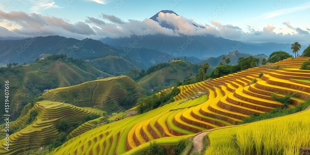 Fototapeta premium Vast rice terraces, misty volcano backdrop, Java, vibrant, nature