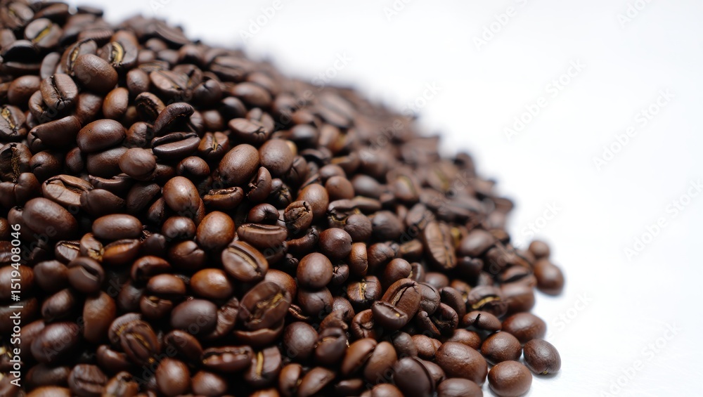 Fototapeta premium Close-up of a heap of roasted coffee beans on a white surface showcasing rich brown tones and smooth texture