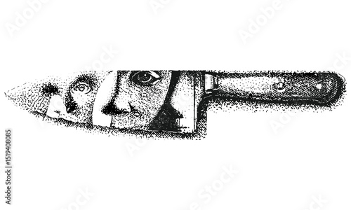 Psychedelic Halloween key with surreal stippling texture, vintage collage, grunge retro illustration, vector illustration, spooky theme, eerie artwork, macabre aesthetic, dark concept.