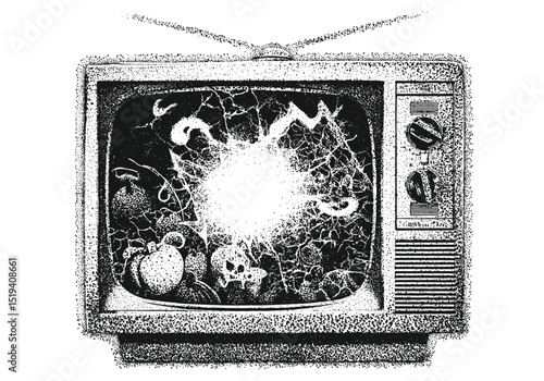 Old broken TV collage with creepy Halloween theme, vintage stippling, grunge retro texture, psychedelic vector illustration, surreal visual art, gothic horror, spooky vibe, cutout.