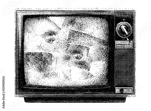 Retro vector illustration of creepy Halloween poster, stippling effect, surreal collage with old broken TV, experimental grunge texture, horror artwork, spooky theme design, gothic art, png.