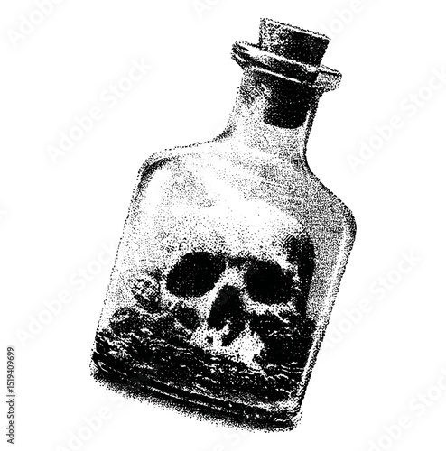 Creepy Halloween vector illustration with surreal poison bottle collage, vintage stippling, photocopy effect, grunge dotted texture, retro style, psychedelic vibes, png, horror art.