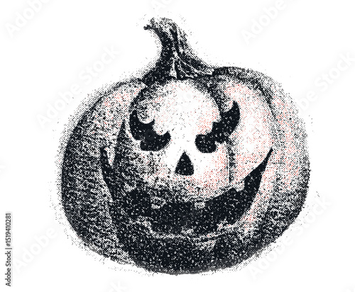 Halloween pumpkin lantern collage with vintage stippling effect, retro vector illustration for surreal psychedelic poster, experimental grunge dotted texture, horror decor, creepy seasonal art.