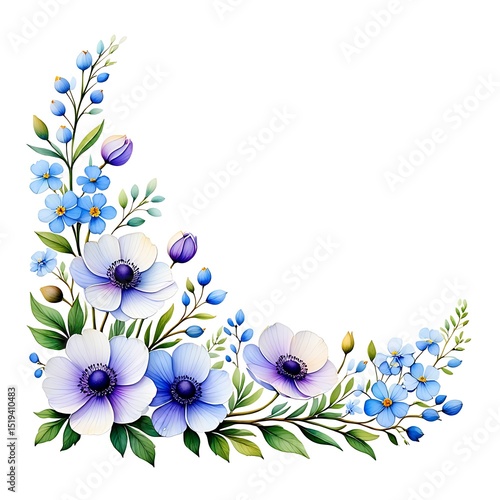 Fototapeta Naklejka Na Ścianę i Meble -  Watercolor Floral Corner Arrangement with Blue Anemones and Forget Me Nots on White