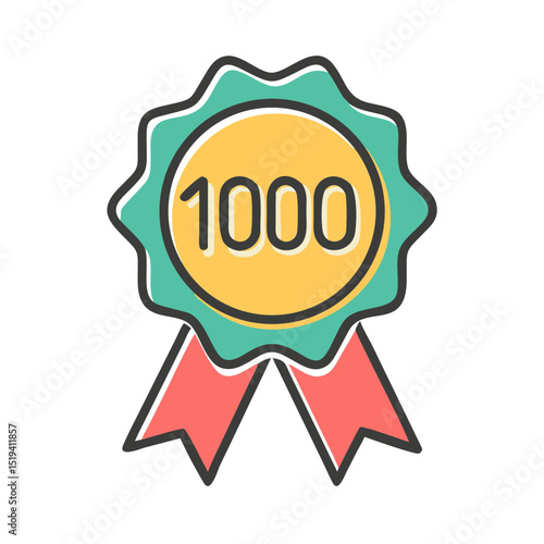 Award badge representing a milestone achievement of 1000 in a colorful design with ribbons for celebration