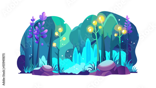 Enchanted forest with glowing plants and a waterfall during twilight in a magical landscape