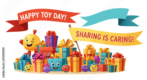 Colorful gift boxes with toys and festive banners for Toy Day  