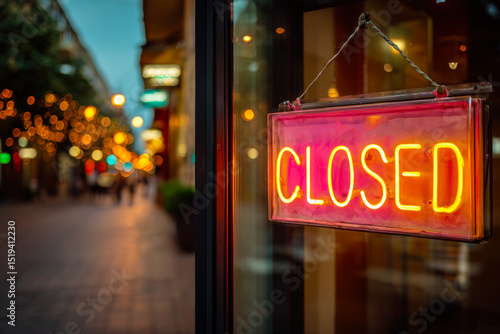 Neon closed sign illuminated at night with blurred street and bokeh lights in the background