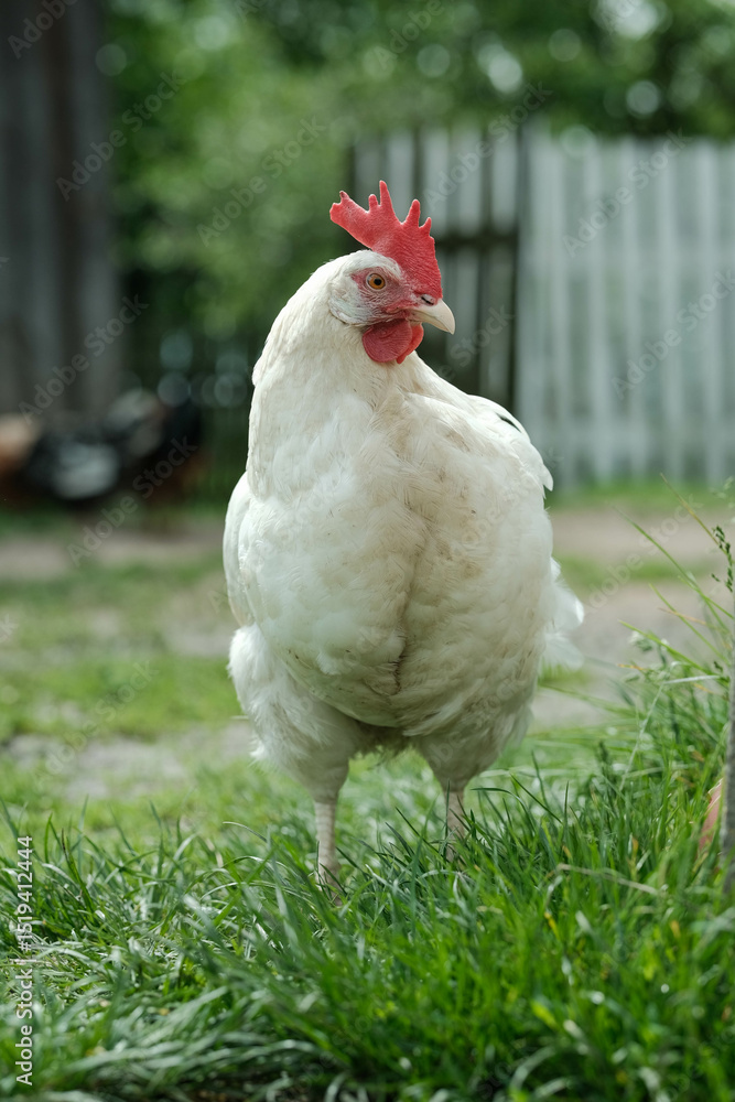 Fototapeta premium A white chicken with a bright red comb stands attentively on green grass in a rural setting.