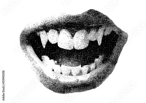 Creepy vampire mouth collage element with vintage stippling photocopy effect, retro vector illustration for psychedelic surreal poster, experimental grunge dotted texture, horror art.