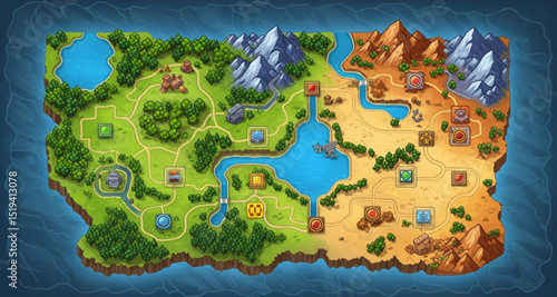 Fantasy Game World Map with Mountains, Rivers, Forests, and Desert Terrain | Hand-Drawn Cartoon Landscape for Adventure Game Design and Strategy Guides