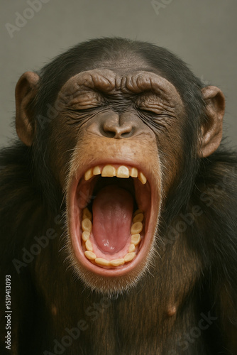 Close-up of a yawning chimpanzee with mouth wide open, eyes closed – expressive and funny animal moment.