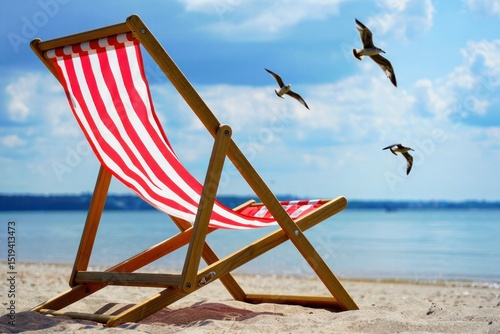 wooden beach chair with red and white stripes on sandy shore with flying seagulls and calm sea under partly cloudy sky