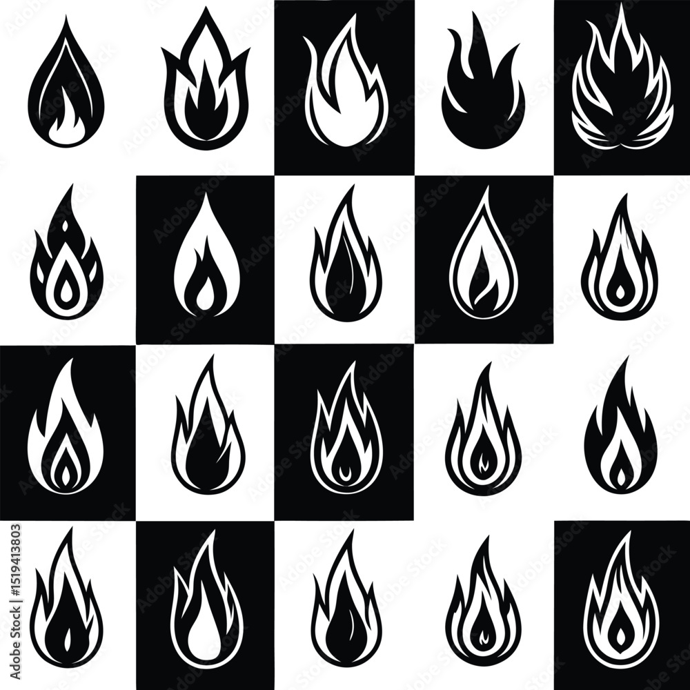 Black and White Fire Icons on a Checkerboard Pattern Background Black and White Fire Icons on a Checkerboard Pattern Background