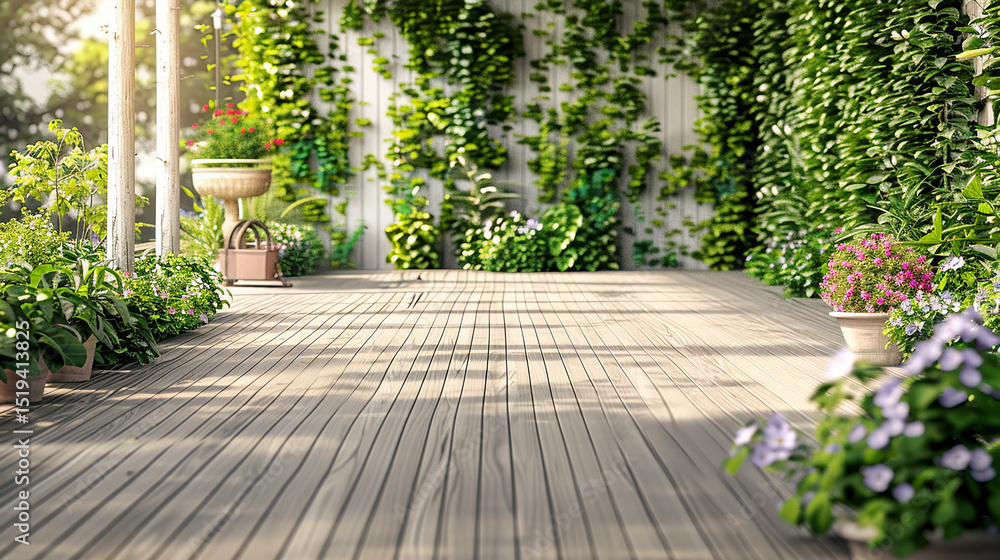 Obraz premium Verdant Deck with Climbing Vines and Potted Plants in Dappled Sunlight.