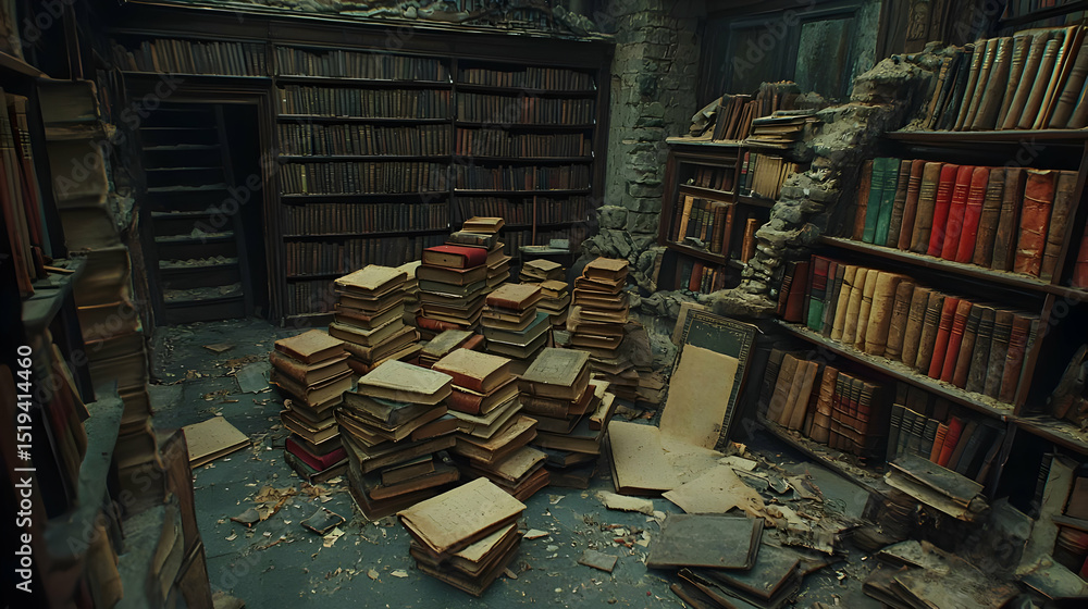 Fototapeta premium Abandoned Dark Library With Stacked Books