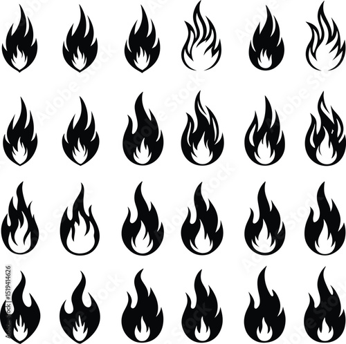 Collection of Black and White Flame Icons with Varying Designs