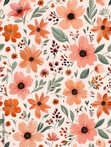 Seamless floral pattern with various orange and peach flowers, green leaves, and small dark red berries on a light background evoking warmth and elegance