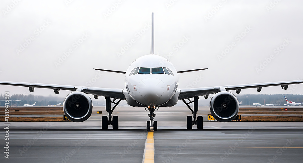 Black and white photograph of an airplane on the runway, frontal view. Black and white photo with copy space. Airbus A320 plane on the airport apron. Black and white photograph of an airplane on the runway, frontal view. Black and white photo with copy space. Airbus A320 plane on the airport apron.