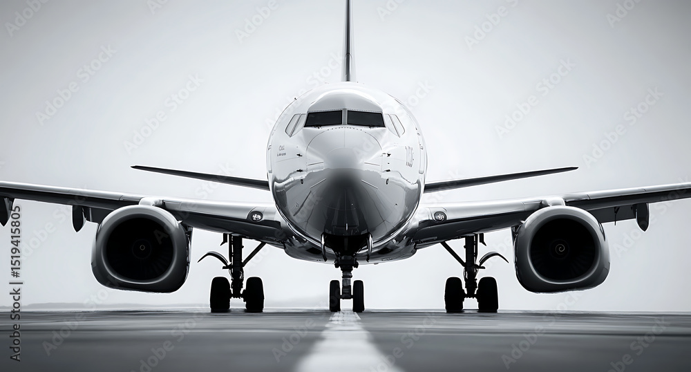 Fototapeta premium Black and white photograph of an airplane on the runway, with focus on its engines and front nose in high resolution.