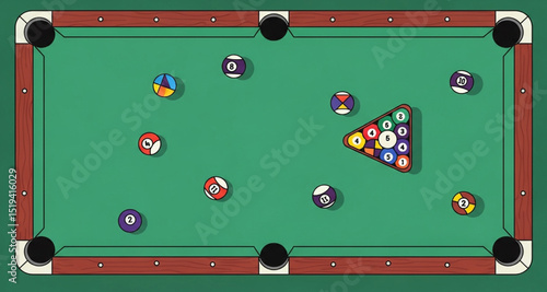 Billiard Balls on a Pool Table Before the Break | Game of Pool Illustration for Sports and Recreation-Themed Graphics and Social Media Content