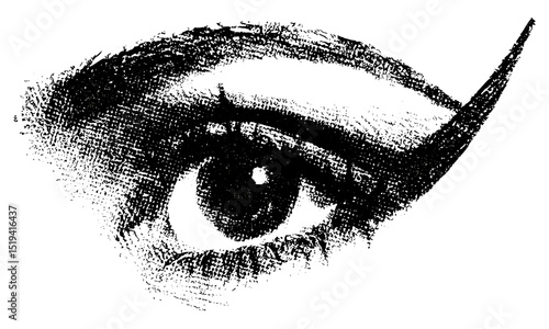 Vintage stipple photocopy collage, elegant eye with eyeliner, retro grainy texture, vector illustration for grunge tattoo, psychedelic surreal poster, 90s style, alternative art print.