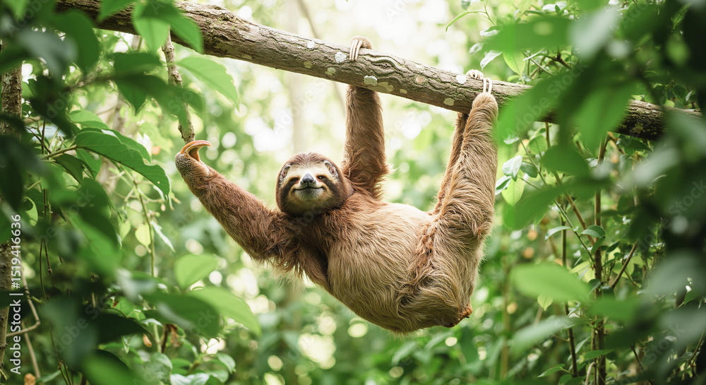 Fototapeta premium Three-toed sloth hanging on tree branch in tropical rainforest – wildlife photo for nature campaigns and eco content